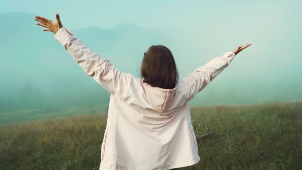 Vrouw in roze regenjas stands, verhoogt haar handen voor de hoge Karpaten. Reizen, vrijheid, geluk concept. — Stockvideo