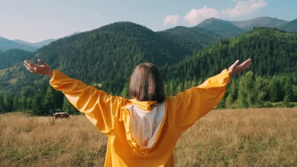 Жінка в жовтій дощовик стоїть, піднімає руки вгору перед високими Карпатськими горами. Подорожі, свобода, концепція щастя. — стокове відео