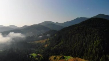Dağ kaplı çam ağaçları, bulutlar, sis inanılmaz görünümü. Uçan insansız hava aracı. Avrupa'da Yaz Karpatlar.Uçuş kavramı, doğa, gezegenimizin nefes kesen güzelliği.