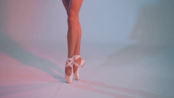 Cierre las piernas en punta. Entrenamiento de bailarina antes del rendimiento. Practicar en ballet clásico con luz de neón. Realización de danza sensual . — Vídeos de Stock