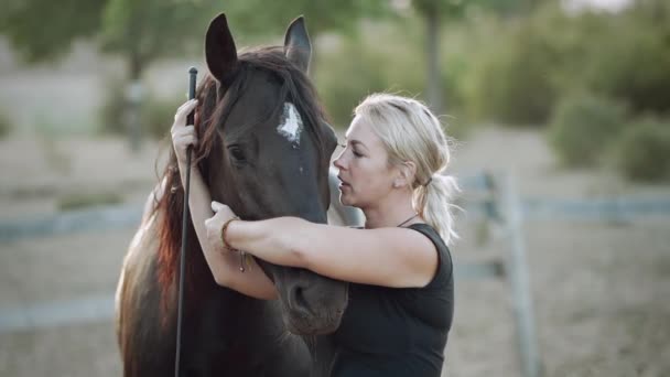 Young woman hugs and kisses horse after training in corral on ranch. Concept of love, friendship, farm animals. Slow motion. — 비디오