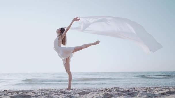 Flexibel gymnast dansar på havet med enorma silke tyg fladdrar i vinden — Stockvideo