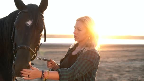 Porträt einer erwachsenen Frau mit einem schönen Pferd in der Natur. Sonnenlicht, Silhouette. Konzept der Liebe zu kleineren Brüdern, Fürsorge und Tiertraining. — Stockvideo