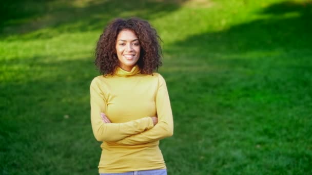 Porträt schöne gemischte Rasse Frau mit Afro-Haar.Mädchen lächelt auf grünem Gras — Stockvideo