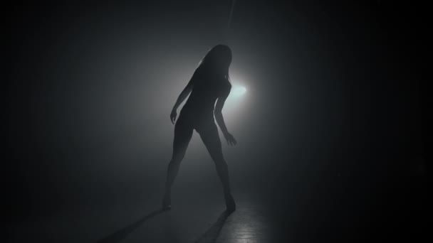 Silhouette of beautiful dancer on smoky dark background.Spotlight shines back against sexy girl. She moving seductively. — Stock Video