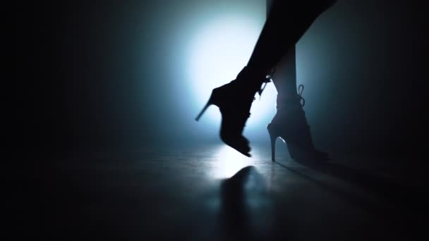 Donna in tacchi cammina vicino fotocamera attraverso i riflettori sul palcoscenico fumoso. Ragazza in abiti sexy. Concetto di ballerino da discoteca . — Video Stock
