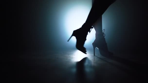 Mujer en tacones camina cerca de la cámara a través del centro de atención en el escenario ahumado. Chica con ropa sexy. Concepto de bailarina de discoteca . — Vídeos de Stock