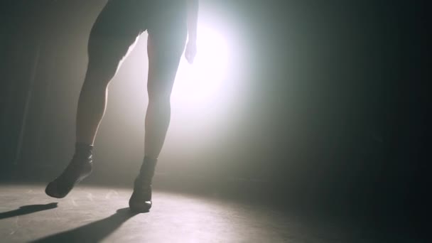 Tänzerbeine in Dunkelheit im verrauchten Raum eines Nachtclubs. Mädchen tanzt schön und verführerisch zum Takt der Musik. Zeitlupe. — Stockvideo