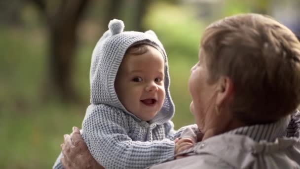 Babcia z małym chłopcem w jesiennym parku dobrze się bawi, uśmiecha, bawi. Wnuk chętnie komunikuje się ze starszą prababcią — Wideo stockowe