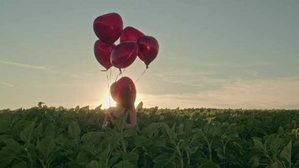 Mulher atraente no vestido midi feminino se divertindo com balões em forma de coração no fundo da natureza verde. Luz do pôr-do-sol. Aniversário menina, férias, celebrar o conceito de liberdade. Movimento lento — Vídeo de Stock