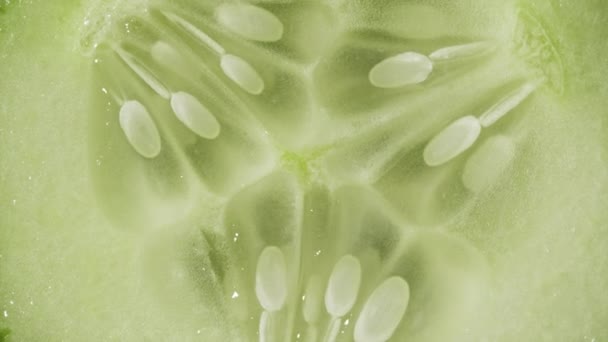 Μακροσκοπική άποψη της φέτας αγγούρι. Περιστροφικό, αφηρημένο υπόβαθρο. Extreme closeup της πράσινης ζουμερής φυτικής υφής, δομή με σπόρους. Υγιεινά τρόφιμα, προϊόντα κοσμετολογίας, βιομηχανία καλλυντικών — Αρχείο Βίντεο