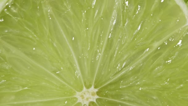 Vista macro da rotação da fatia de limão. Closeup extremo de textura suculenta verde de frutas exóticas. Conceito de comida saudável, produtos cítricos para coquetéis. Fundo colorido . — Vídeo de Stock
