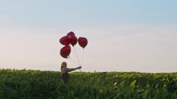 Ładna kobieta w czerwonej sukience pozująca z balonami w kształcie serca na zielonym polu. Dziewczyna w słomkowym klasycznym kapeluszu lub berecie. Urodziny, wakacje, świętować koncepcję wolności. — Wideo stockowe