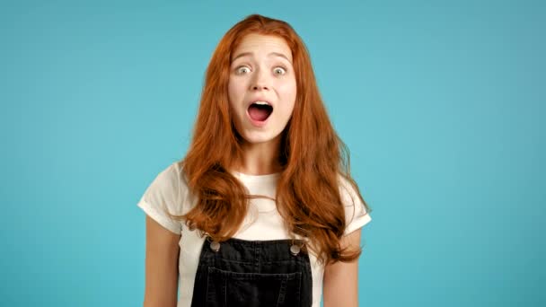 Portrét dívky ukazuje wow potěšení efekt gesto. Překvapená vzrušená šťastná žena. Hezká žena šokovaný model na modrém pozadí. — Stock video