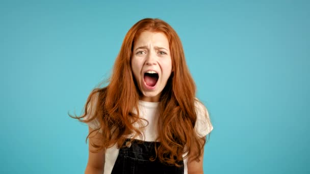 Young scared girl shouting loud isolated over blue background. Stressed and depressed woman trying to get attention. Concept of help and safe — Stock Video