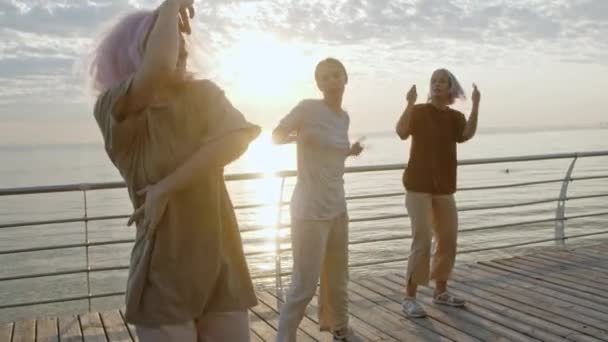 Tanzgruppe junger talentierter Freak-Frauen, die Freestyle-Hip-Hop-Moves aufführen. Mädchen genießen den modernen Tanzausdruck. Outdoor-Training in der Nähe von Meer oder Ozean bei Sonnenuntergang. — Stockvideo
