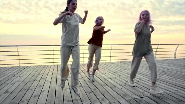 Молоді танцюючі дівчата-підлітки насолоджуються фанк хіп-хоп ходами. Сучасні жінки виконують танці вільного стилю разом на морській набережній на сході сонця. Повільний рух . — стокове відео