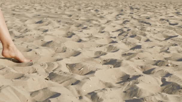 Beine von Mädchen, die barfuß Sand am Strand oder in der Wüste laufen. Zeitlupe. Frau läuft von links nach rechts an der Kamera vorbei — Stockvideo