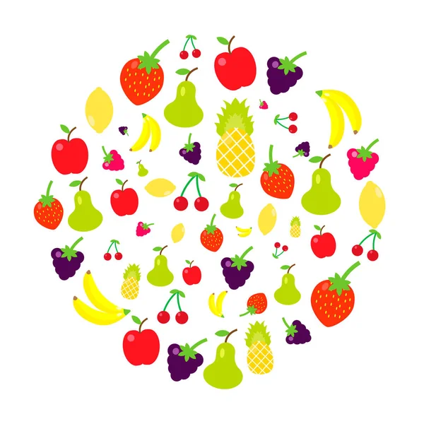 Flerfargede frukter i flat form samles i en sirkel – stockvektor