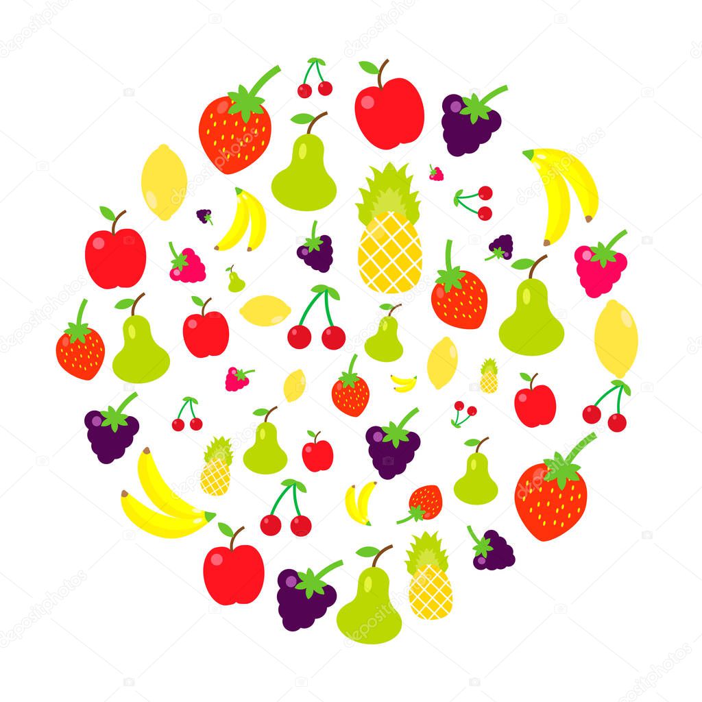 Multicolored fruits in the style of flat are collected in a circle