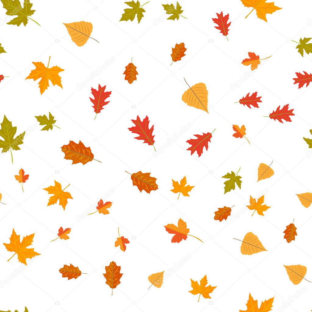 Seamless pattern of autumn yellow leaves randomly