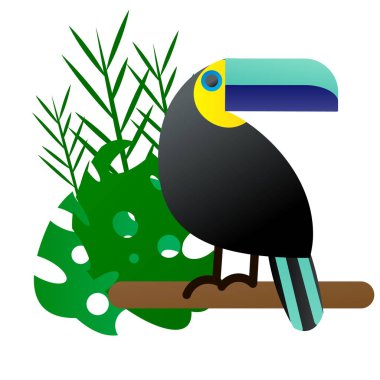 Çiçekli arka planda parlak bir tropik kuş Toucan 'ın vektör çizimi