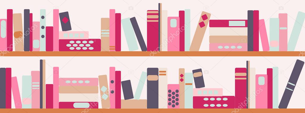 vector illustration of horizontal banner of bookshelves with retro style books