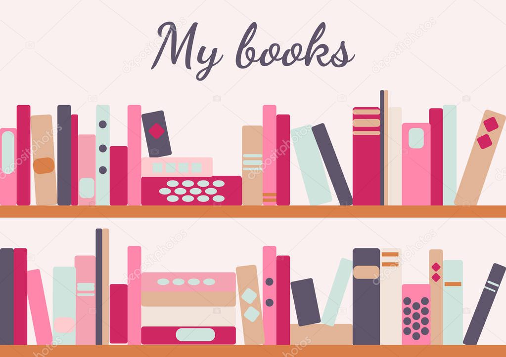 vector illustration of horizontal banner of bookshelves with retro style books