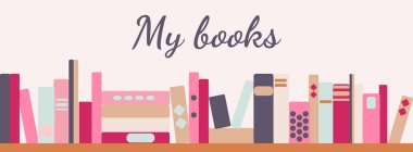 Eski tarz kitaplarla birlikte kitaplıkların yatay afişinin vektör illüstrasyonuName