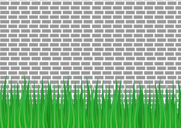Vektör Çizimi Gri Tuğla Duvar Aşağıdan Yeşil Çimen — Stok Vektör
