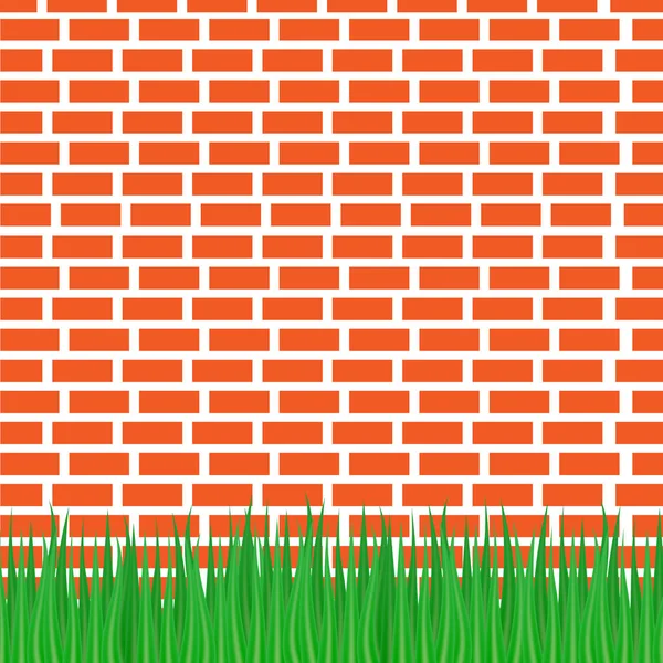 Векторная Иллюстрация Красная Кирпичная Стена Зеленая Трава Снизу — стоковый вектор