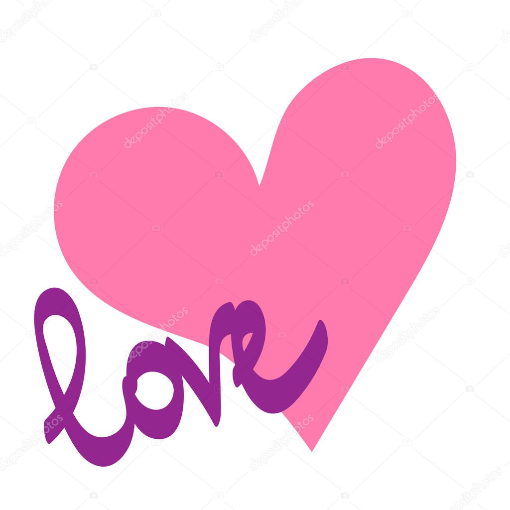 Vector illustration. Pink heart painted with hands on a white background. With the inscription Love
