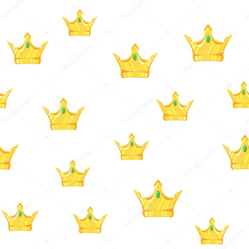Vector illustration. Seamless golden crown pattern with gems white background