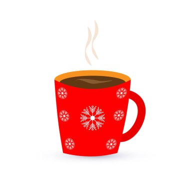 Vektör çizimi. Kahve ya da çay ile kırmızı bardak. Ve kar taneleri