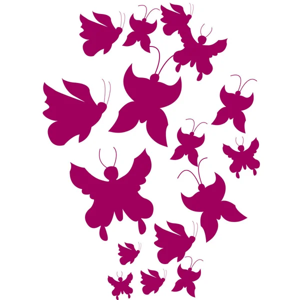 Ilustración Vectorial Siluetas Mariposas Rosadas Caótico Sobre Fondo Blanco — Archivo Imágenes Vectoriales