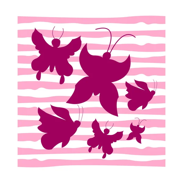 Vektorová Ilustrace Siluety Růžových Motýlů Chaotický Bílém Pozadí — Stockový vektor