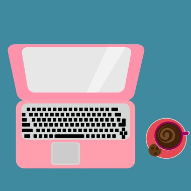 Açık pembe laptop ve kahve renkli bir arka plan üzerinde