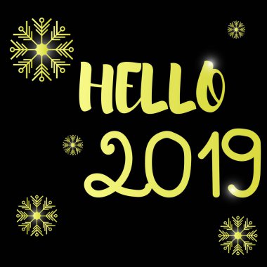 Vektör çizimi. Yazıt merhaba 2019 ve siyah zemin üzerinde kar taneleri.