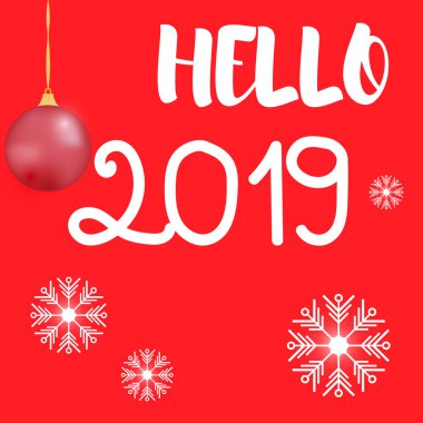 Vektör çizimi. Merhaba 2019 ve kırmızı zemin üzerinde kar taneleri.
