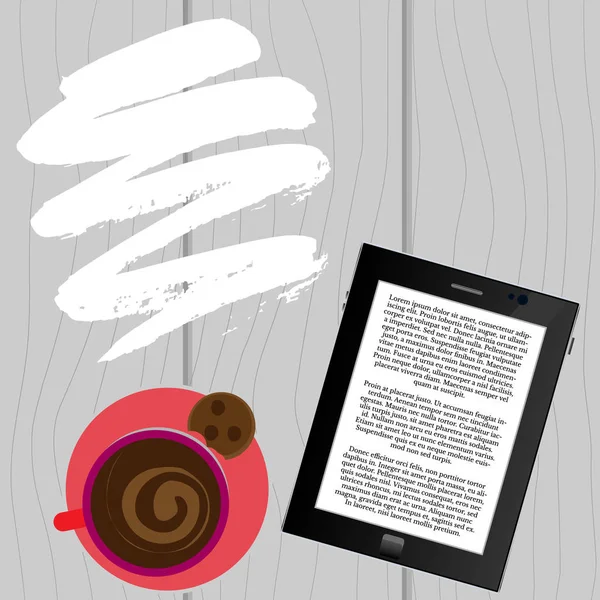 Čtení e knihy s šálkem kávy E-čtení, káva — Stockový vektor