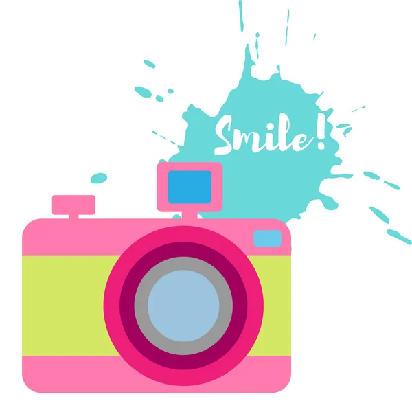 Illustration Vectorielle Caméra Couleur Ancienne Style Plat Splash Inscription Sourire — Image vectorielle