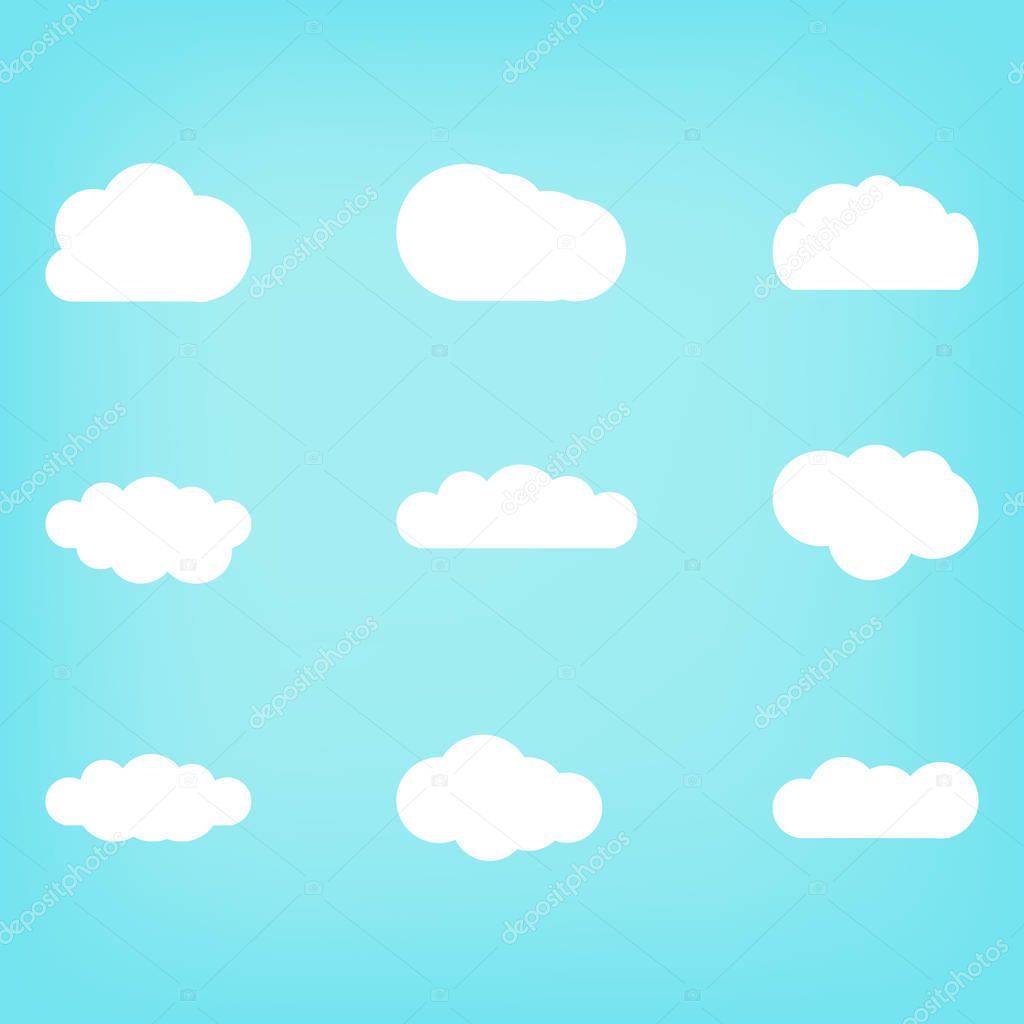 Vector illustration. Set of white clouds on a blue background. Flat style