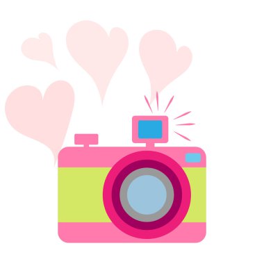 Vektör çizimi. Eski moda renkli kamera. Düz stil. Arka planda kalpler