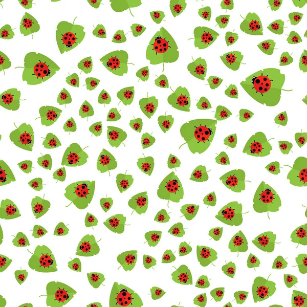 Векторная Иллюстрация Бесшовный Шаблон Красная Божья Коровка Зеленый Лист — стоковый вектор