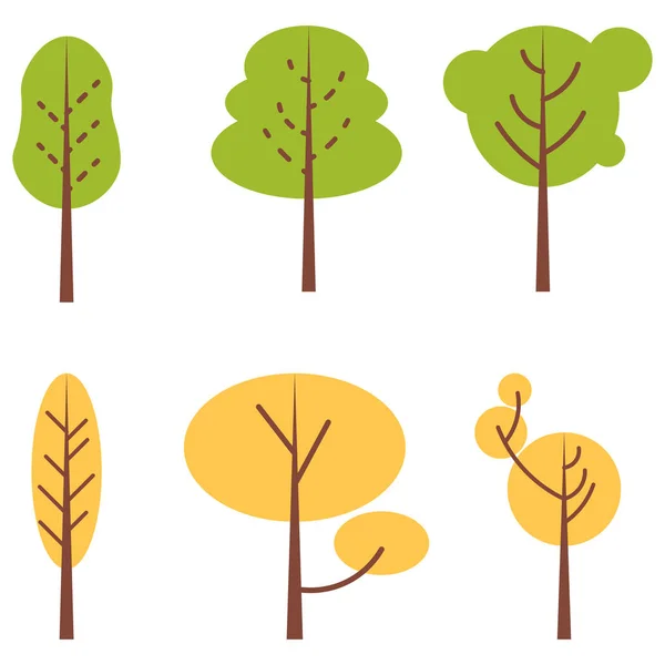 Conjunto de árvores estilizadas abstratas. Estilo primitivo. Verão e Outono verde e laranjeiras — Vetor de Stock