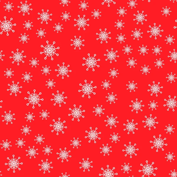 Schema senza soluzione di continuità. Fiocchi di neve bianchi su uno sfondo rosso. Per carta da imballaggio — Vettoriale Stock