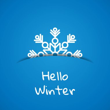 Konsept merhaba kış. Tasarım için tebrik kartı şablonu. Kağıt cebine gizlenmiş kağıt kar tanesi