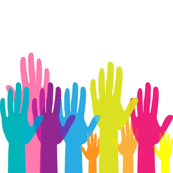 Kleurrijke handen. Handen omhoog als vrijwilliger. teamwork concept. Vectorillustratie — Stockvector