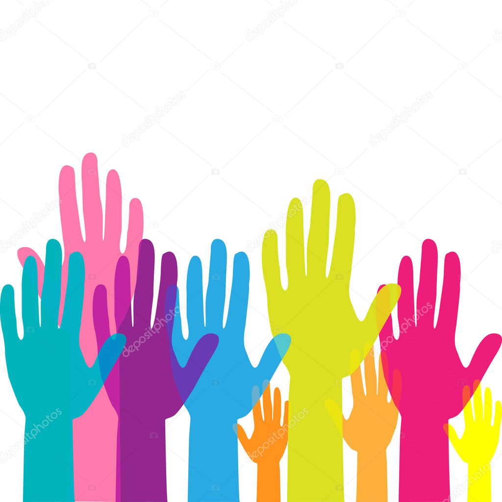 Colorful up hands. Raised hands volunteering. team work concept. Vector illustration