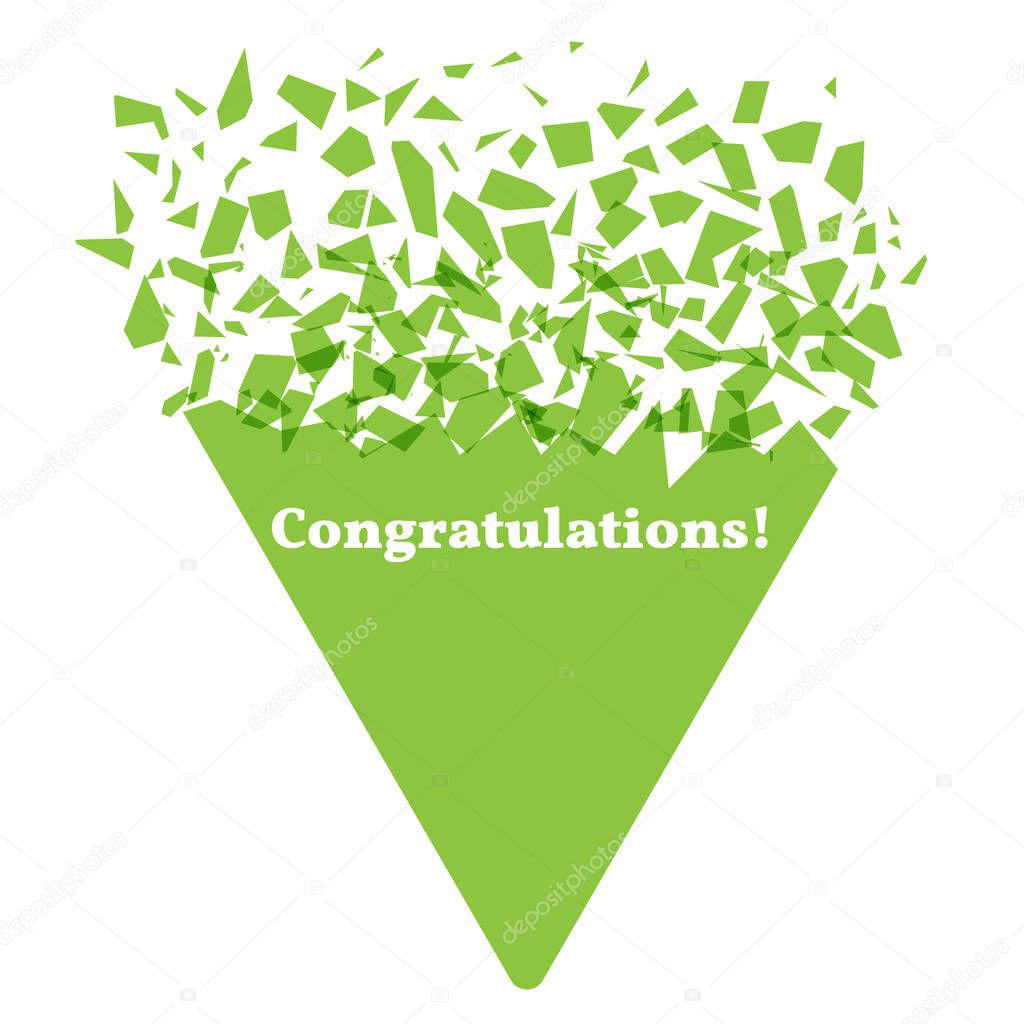 Explosion effect. The geometric figure of a green triangle explodes. Caption Congratulations. Congratulatory banner concept. Vector illustration
